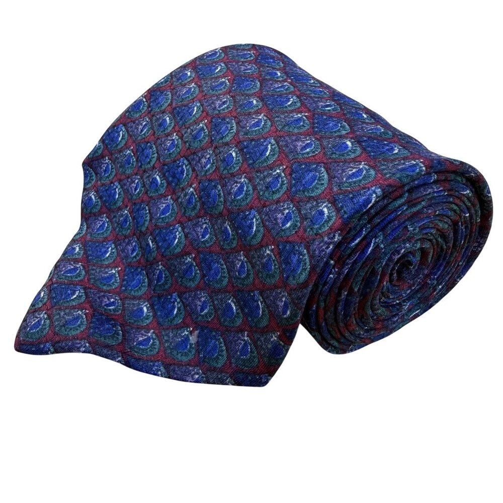 Christian D Mens Blue Red Silk Necktie Peacock Print
